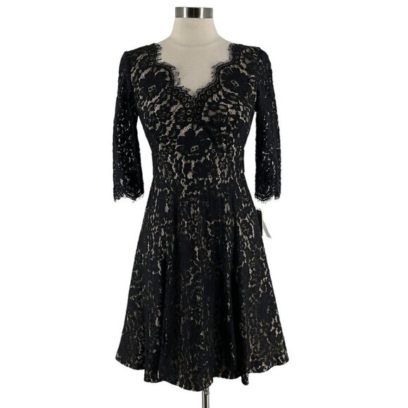 NWT Eliza J Black Lace Nude IIlusion V-Neck Fit Flare Cocktail Party Dress 6 - Picture 1 of 12
